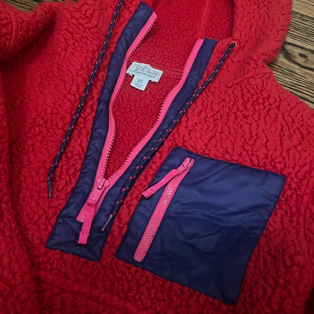J. Crew Women's Vintage Pullover Hooded Fleece Red‎ Polartec Size XS